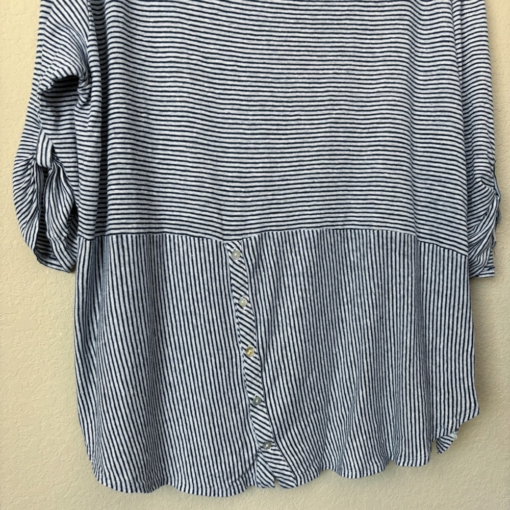 Adrienne Vittadini 2X Linen Three-quarter Sleeve Roll Tab Stripe Top Beachy - Picture 7 of 12